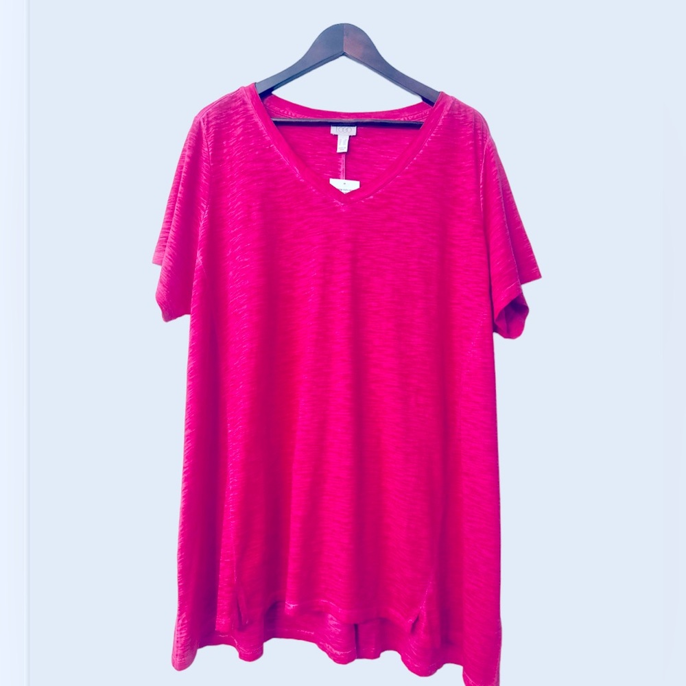 LOGO by Lori Goldstein Pink Distressed Cotton
Slub V-Neck Top 2X